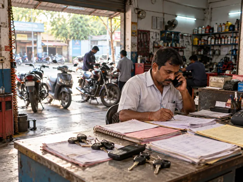 Garage owner on a phone call at a counter covered in paper job cards, notebooks and keys