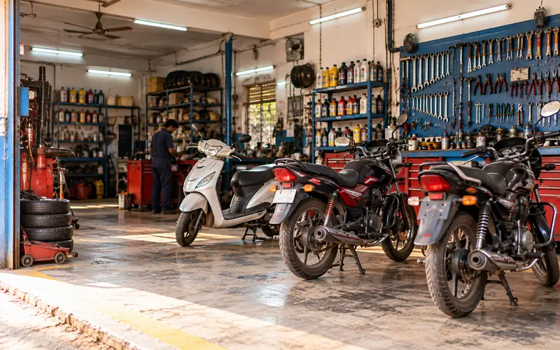 Clean two-wheeler garage with serviced motorcycles and a scooter lined up