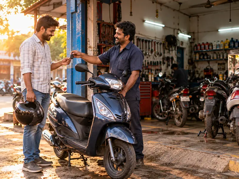 Mechanic handing the keys of a serviced scooter to a customer at the garage entrance