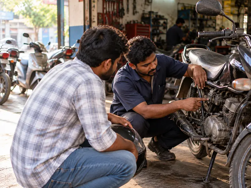 Mechanic and customer crouching beside a motorcycle, discussing the engine