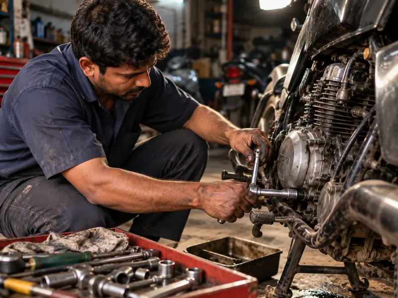 Mechanic tightening a motorcycle engine bolt with a socket wrench beside an open toolbox