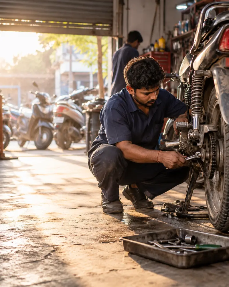 Mechanic checking a motorcycle in an Indian two-wheeler garage, with bikes and scooters behind