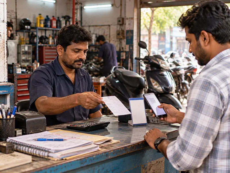 Service advisor handing a bill to a customer who is paying by UPI at the garage counter