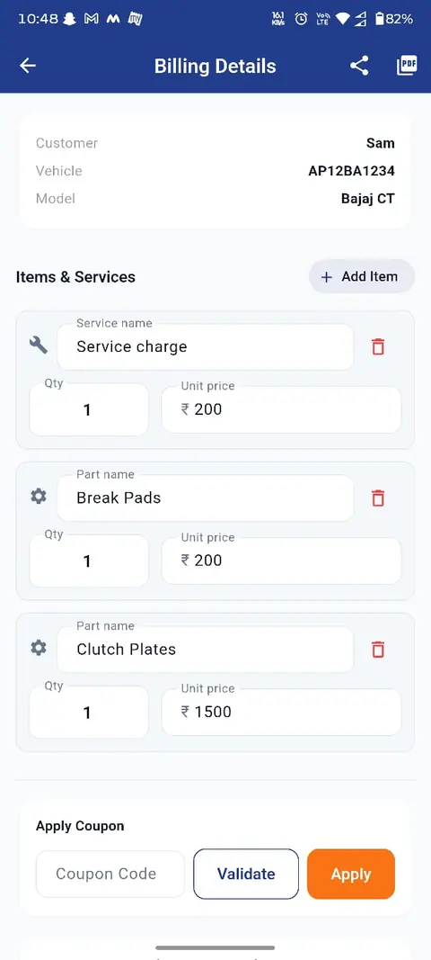 GarageMate billing details with service charge, parts and unit prices for a customer’s bike