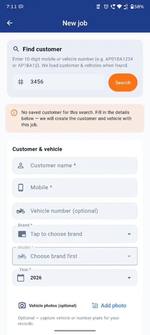 GarageMate new job screen for finding a customer and adding vehicle details