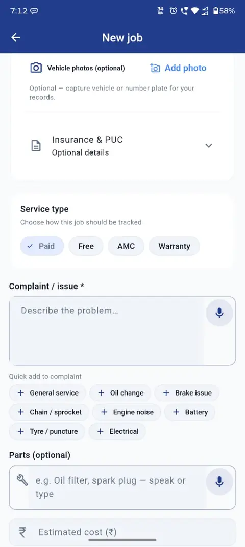 GarageMate new job screen with service type, complaint and parts fields