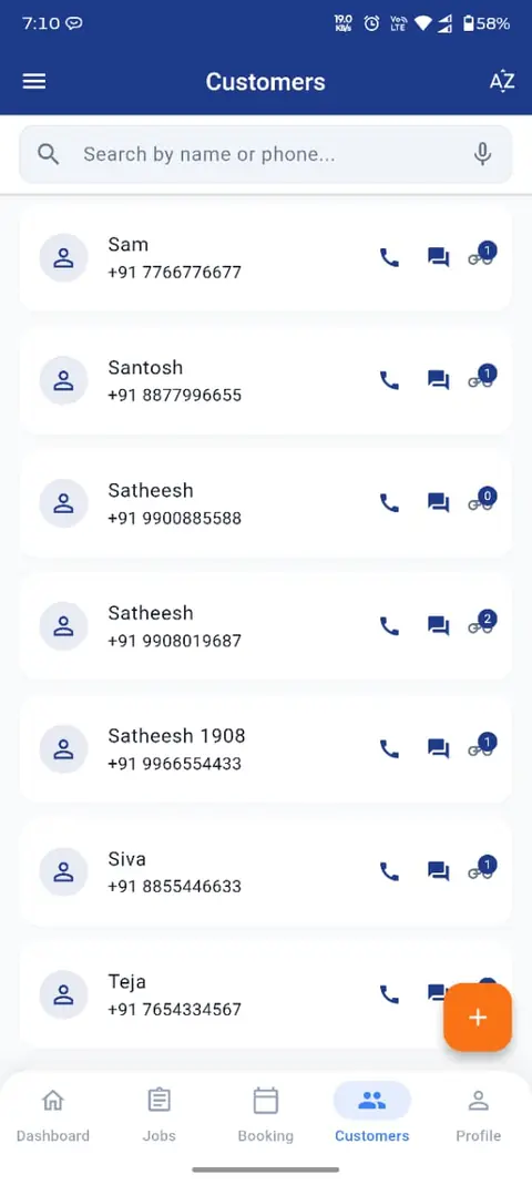 GarageMate customer list with call and WhatsApp shortcuts