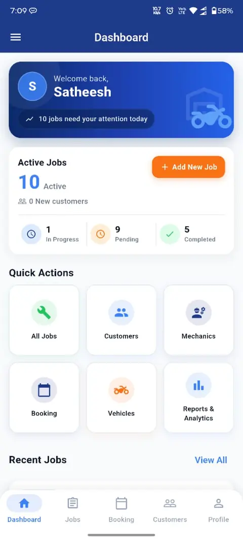 GarageMate mobile app dashboard showing active, pending and completed jobs
