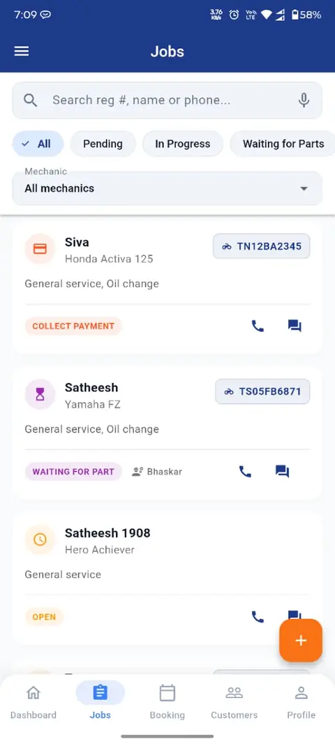 GarageMate job list with status filters for pending, in progress and waiting for parts