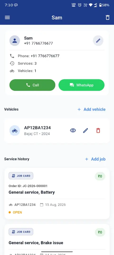 GarageMate customer details with vehicles and service history