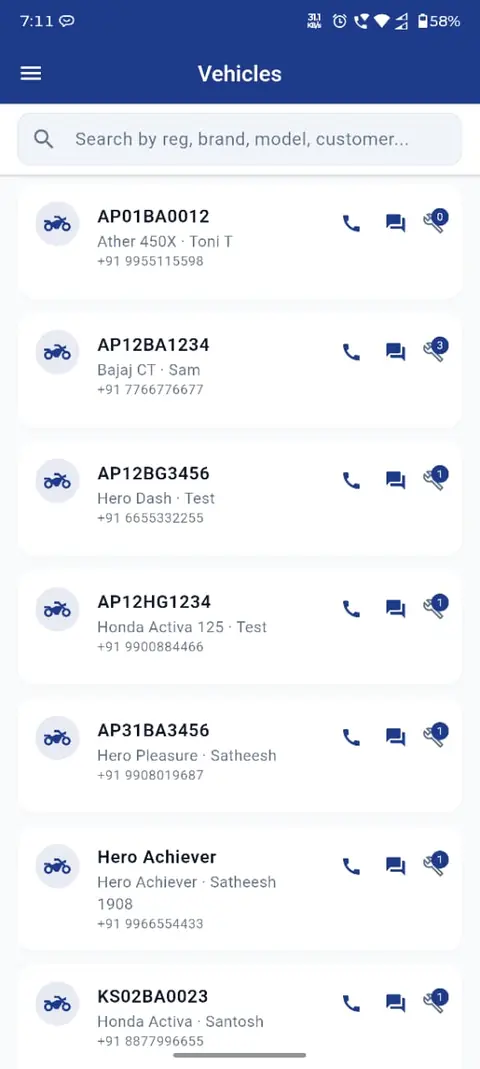 GarageMate vehicle list searchable by registration number, brand and customer