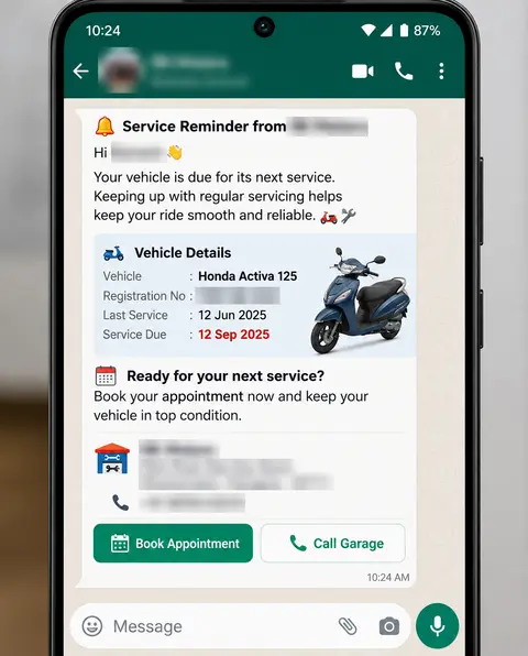 Example WhatsApp service reminder with vehicle details, service due date and a Book Appointment button